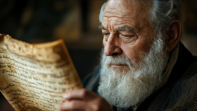 Venerable old man with a long white beard, deeply engrossed in studying an ancient handwritten manuscript, symbolizing wisdom, knowledge, history, and profound intellectual heritage