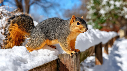 Fluffy squirrel climbing snowy fence in mid motion captured during bright winter day for nature photography