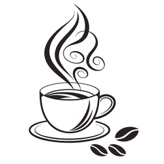 Fototapeta premium Stylized black and white vector illustration of a steaming hot coffee cup resting beside roasted beans