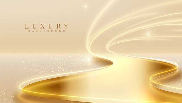 Luxury gold background featuring a shiny golden pathway with smooth curved lines and sparkling light effects suitable for wedding, product display or award events, vector illustration.