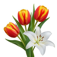 Fototapeta premium Vibrant red and yellow tulips arranged with a pure white lily against a clean white background