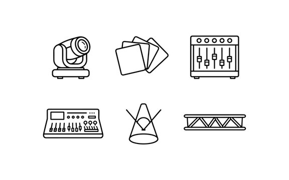Collection of stage lighting and sound equipment icons for event production