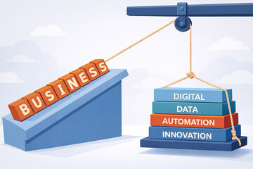 Digital business growth concept with balance scale, data, automation and innovation
