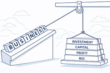 Business investment and profitability concept with balance scale, capital, profit and ROI line illustration
