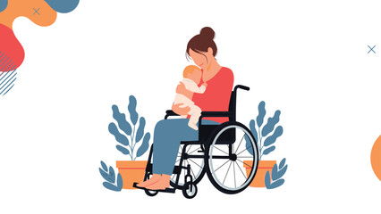 Fototapeta premium Loving mother sitting in a wheelchair and gently holding her sleeping baby in a bright room with potted plants.