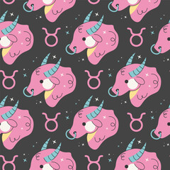 Seamless star pattern with Taurus zodiac sign. Bull head motif and constellation on dark backdrop. Repeat decorative tile