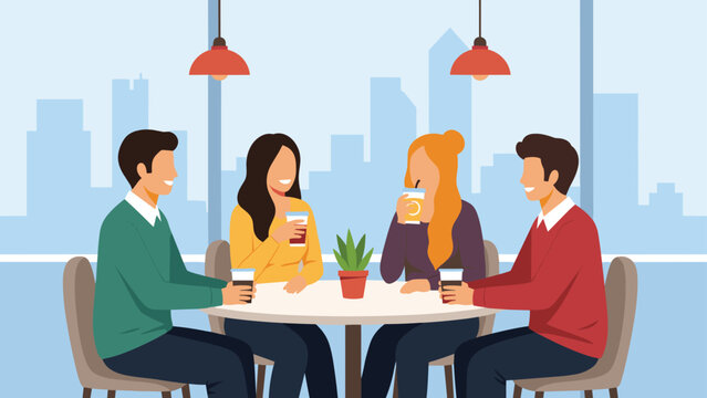 Four friends sitting around a circular table having drinks and talking in a modern cafe with a scenic city skyline view.