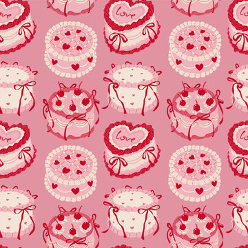 Seamless pattern with whimsical retro pink cakes. Feminine vintage ornament for romantic event or birthday. Repeat tile for backgrounds, wallpapers and nostalgic prints