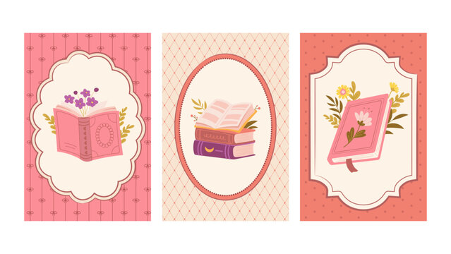 Set of vintage book posters. Striped background, diamond-pattern backdrop, whimsical retro frames. Illustration design for book lovers, printable interior wall posters