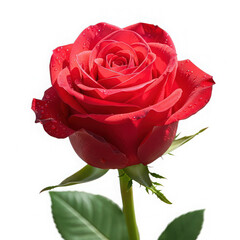 Fototapeta premium A beautiful red rose in full bloom, adorned with glistening water droplets against a clean white backdrop