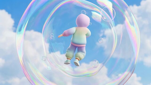 A child waves while trapped in a large bubble. The sky is bright and blue, with fluffy clouds and many smaller bubbles nearby. The cheerful atmosphere highlights playful moments