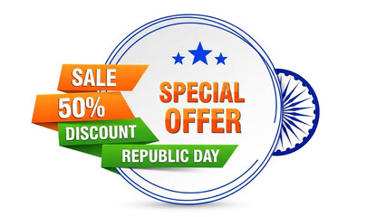 A colorful graphic illustration of a special offer for Republic Day with a 50 percent discount