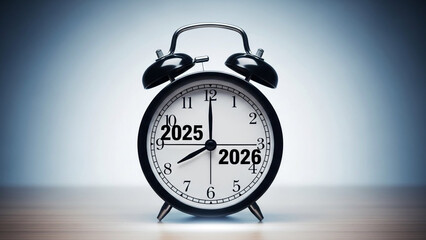 A black alarm clock with a white face showing the years 2025 and 2026 on its dial, sitting on a wooden surface with a blue background.