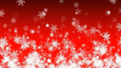 A vibrant red background with white snowflakes falling gently from the top