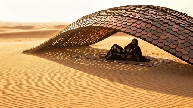 A person lies on a rug under a unique shelter made of curved materials in a sandy desert. The sun sets and casts shadows over the landscape. The warm tones highlight the natural beauty