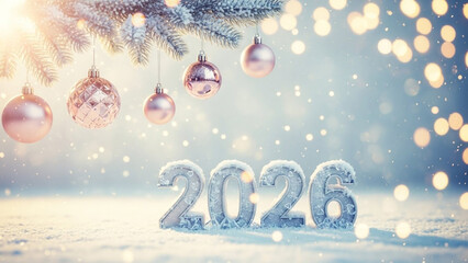 A festive winter scene with pink ornaments and the year 2026 in icy letters on a snowy surface
