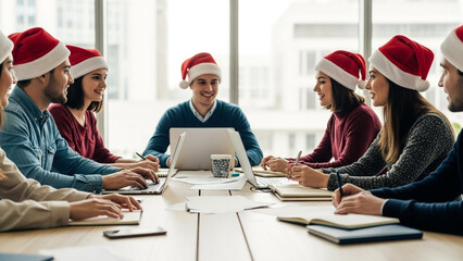 A group of colleagues wearing Santa hats sitting around a table in a modern office during a festive holiday meeting