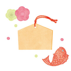 梅の花と鯛をあしらった絵馬イラスト｜お正月・縁起物の和風デザイン