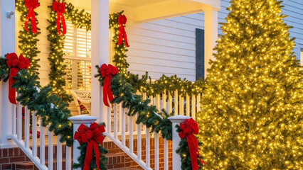 A festively decorated house with a Christmas tree and porch adorned with lights and red bows during the holiday season.