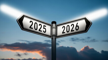 A signpost pointing to 2025 and 2026 against a backdrop of a cloudy sky at sunset