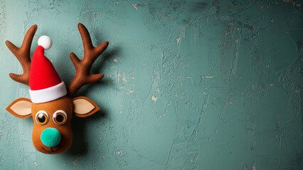 A festive reindeer head with a Santa hat on a textured green background for Christmas decoration