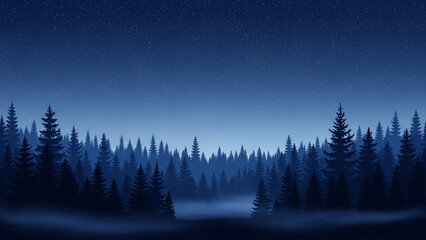 A serene forest landscape under a starry night sky with misty fog rolling in
