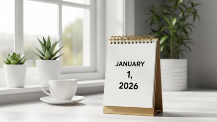 A calendar marking January 1, 2026, sits on a desk next to a cup of coffee and potted plants near a window.