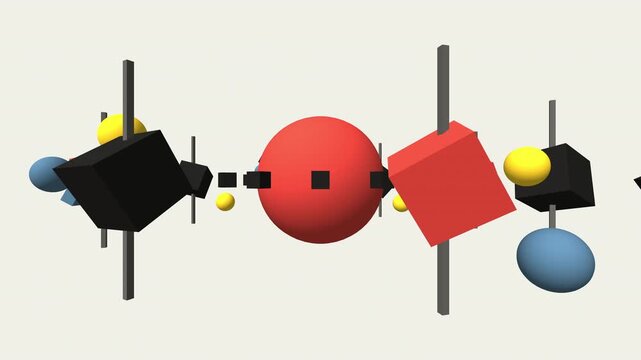 Abstract 3D geometric orrery with radial matte cubes and spheres. Rotating constructivist clockwork mechanism. Seamless loop, procedural parametric design.