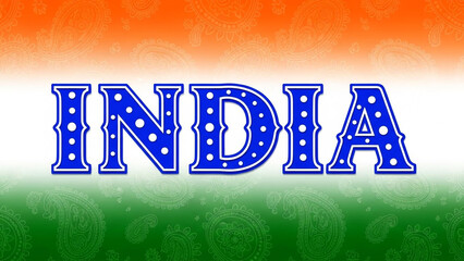 The word India written in blue letters on a background of the Indian flag colors