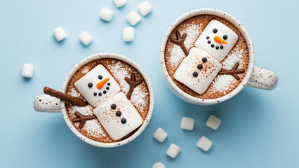 Two cups of hot chocolate with marshmallow snowmen on a light blue background