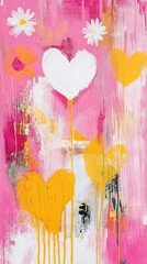 Colorful Abstract Art Hearts Floral Accents Pink Yellow White Drips