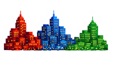Colorful pixel art city skyline showing vibrant red, blue, and green urban buildings with many illuminated windows, transparent background