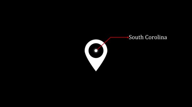 location of the city of South Corolina on black screen. The name of the place with the location has been displayed black and white looped animation. Abstract GPS location tracking icon.