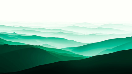 Misty blue mountain range peaks under a soft morning sunrise sky with forest hills and clouds in a peaceful nature landscape