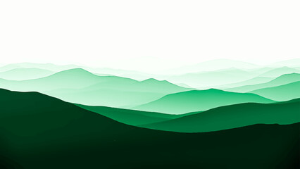 A serene morning landscape with a blue sky and white clouds over green mountain hills and a misty valley at sunrise