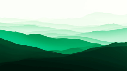 A misty mountain landscape at sunrise features a vast range of blue hills and forest valleys beneath a sky filled with glowing clouds and morning fog