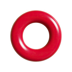 A vibrant red, glossy, ring-shaped object, centered against a stark black background