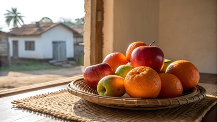Fresh fruit in woven basket by window with rural view