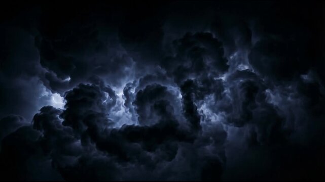 Storm cloud animation with massive swirling cumulonimbus formations rotating slowly across a deep night sky revealing layered depth subtle lightning and cinematic realism