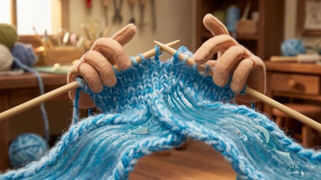 Hands are busy working with blue yarn and knitting needles. The action shows the careful crafting of a textile item in a workshop. Morning light streams through a cozy space filled with materials