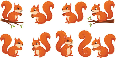 Cute squirrel character vector set with playful poses forest animal cartoon illustrations isolated