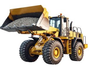 Yellow Wheel Loader Excavator with Full Bucket of Gravel on Black Background construction equipment