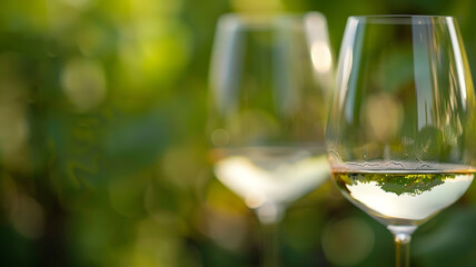 Obraz premium a glass of wine on the background of a vineyard, a blurred background of a ripe vine, a blurred backdrop