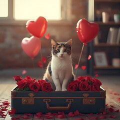Calico Cat with Roses and Heart Balloons for Valentine&rsquo;s Day in Cozy Loft