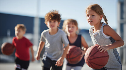 a group of active young children practicing basketball on an outdoor urban court, featuring a focused young girl with red hair dribbling a ball in the foreground during a sunny day.