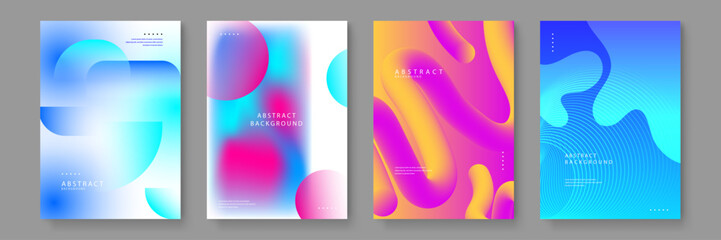 Set of four serene abstract posters with light blue geometric overlays pink-blue blurry spheres and 3D fluid yellow-pink tube shapes