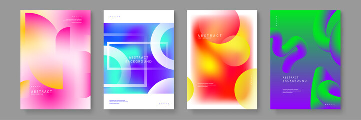 A set of four abstract poster templates featuring vibrant gradient shapes, blurred circles, and 3D fluid neon tubes in pink, blue, and green