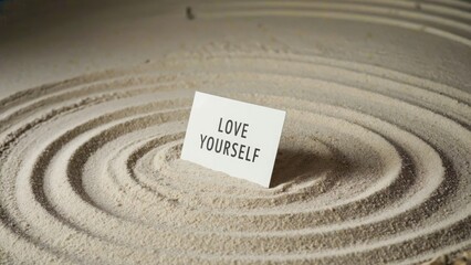 Obraz premium Love yourself card in sand garden with concentric circles