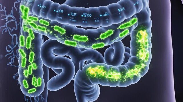 Human digestive system infected with salmonella bacteria, medical illustration, internal view, anatomy, disease