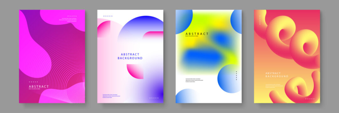 Abstract designs including purple organic blobs, blue out-of-focus spots, and a thick yellow-red 3D twisted rope shape